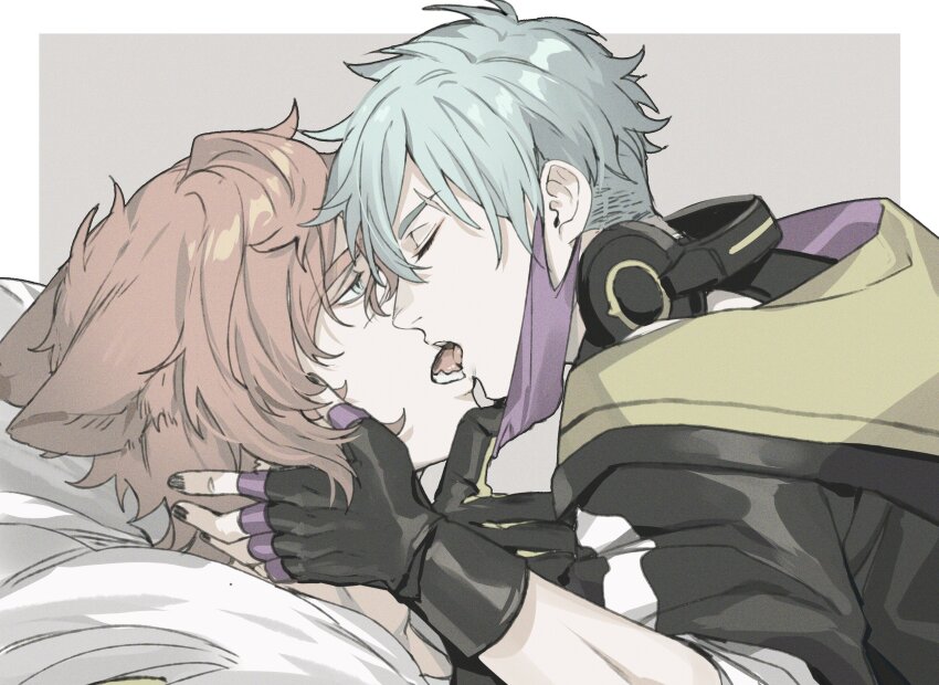 00ff42, 2boys, absurdres, animal_ears, aphelios, black_nails, blue_hair, border