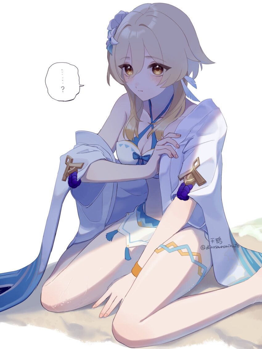 ..., 1girl, ?, alternate_costume, arm_between_legs, bikini, blonde_hair, blue_bow, blue_sleeves, blush, borrowed_clothes, bow, bow_bikini, collarbone, criss-cross_halter, dinosaurominuto, fingernails, furisode, genshin_impact, hair_between_eyes, halterneck, hawaiian_clothes, highres, holding_kimono, japanese_clothes, kimono, kimono_on_shoulders, lumine_(genshin_impact), lumine_(hot_springs)_(genshin_impact), midriff, multicolored_sleeves, official_alternate_costume, purple_rope, rope, sand, short_hair, short_hair_with_long_locks, short_sleeves, sidelocks, single_bare_shoulder, single_off_shoulder, sitting, solo, spoken_ellipsis, spoken_question_mark, swimsuit, triangle_print, wariza, white_background, white_bikini, white_kimono, white_sleeves, yellow_eyes