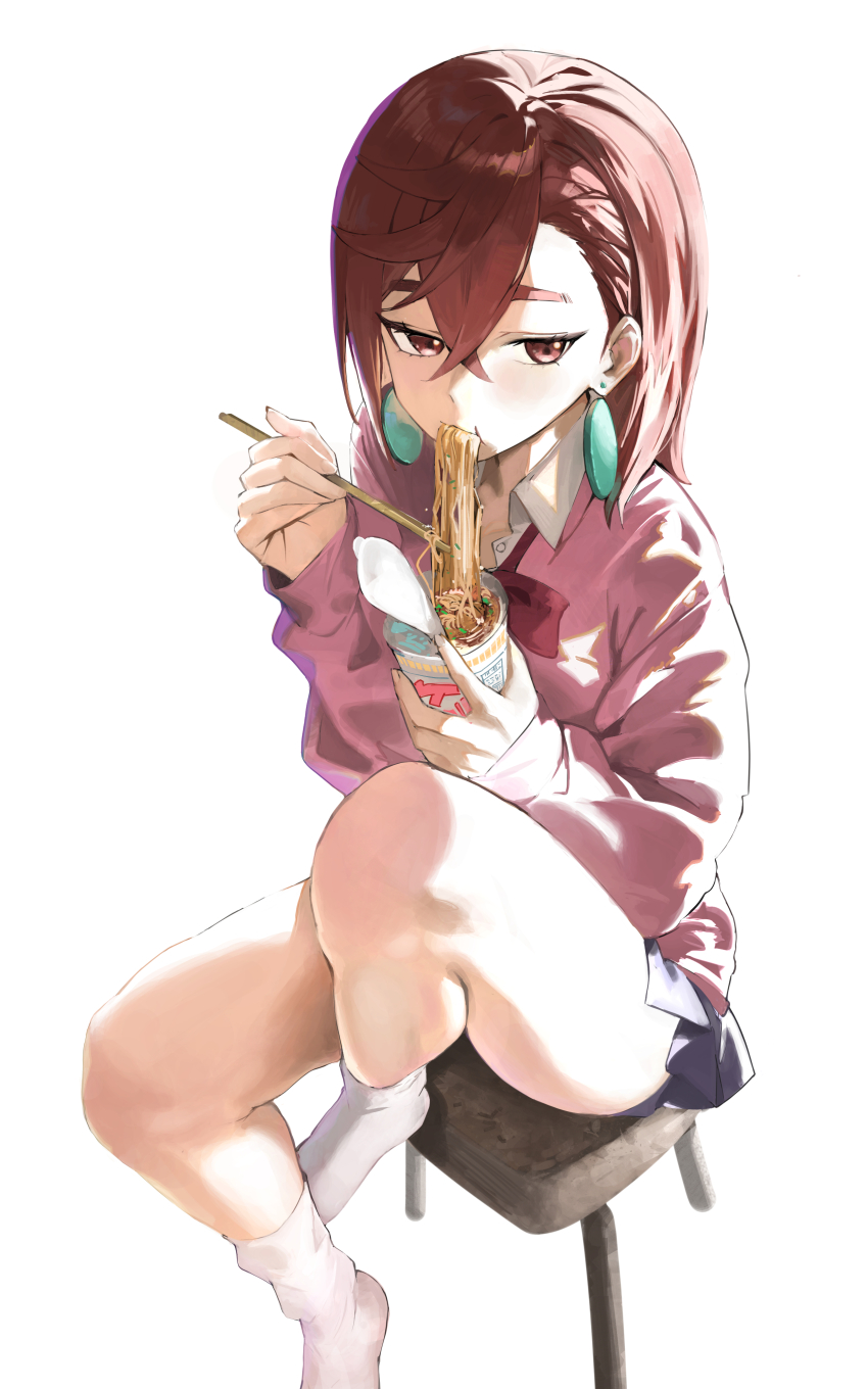 1girl, absurdres, ayase_momo, blue_skirt, brown_eyes, brown_hair, chair, chopsticks