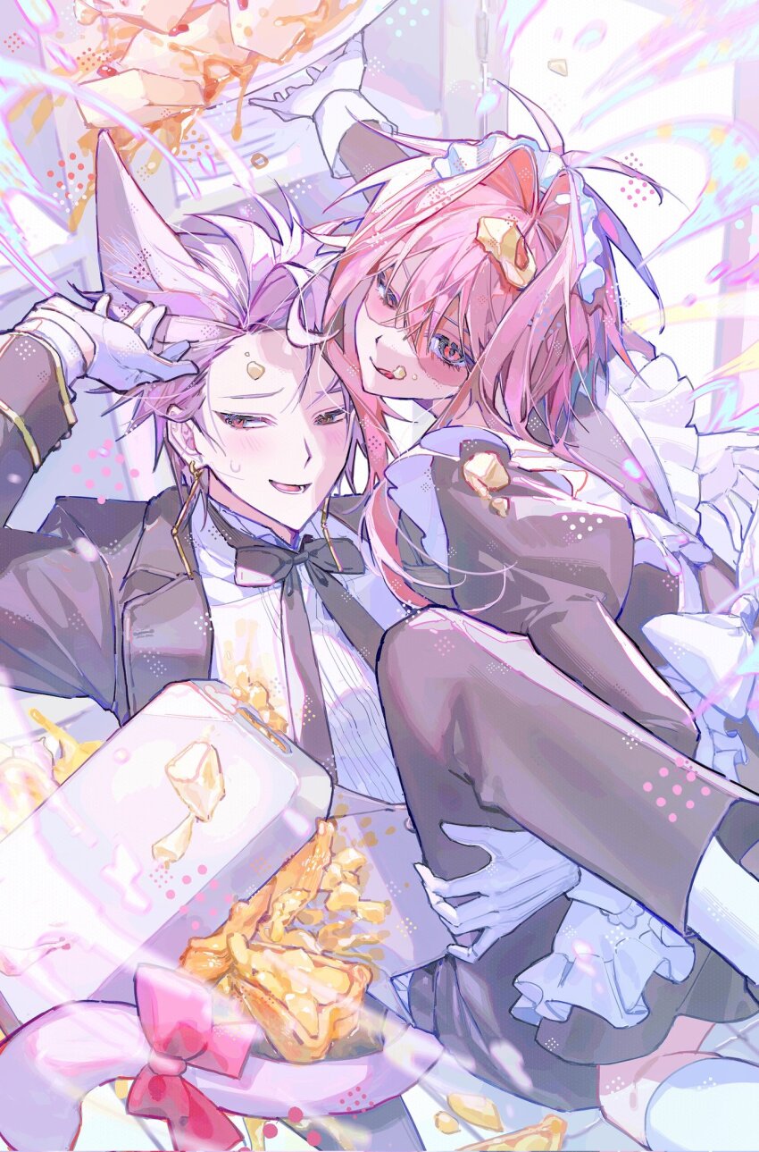 2boys, :q, alternate_costume, animal_ears, antenna_hair, apron, black_dress, black_jacket