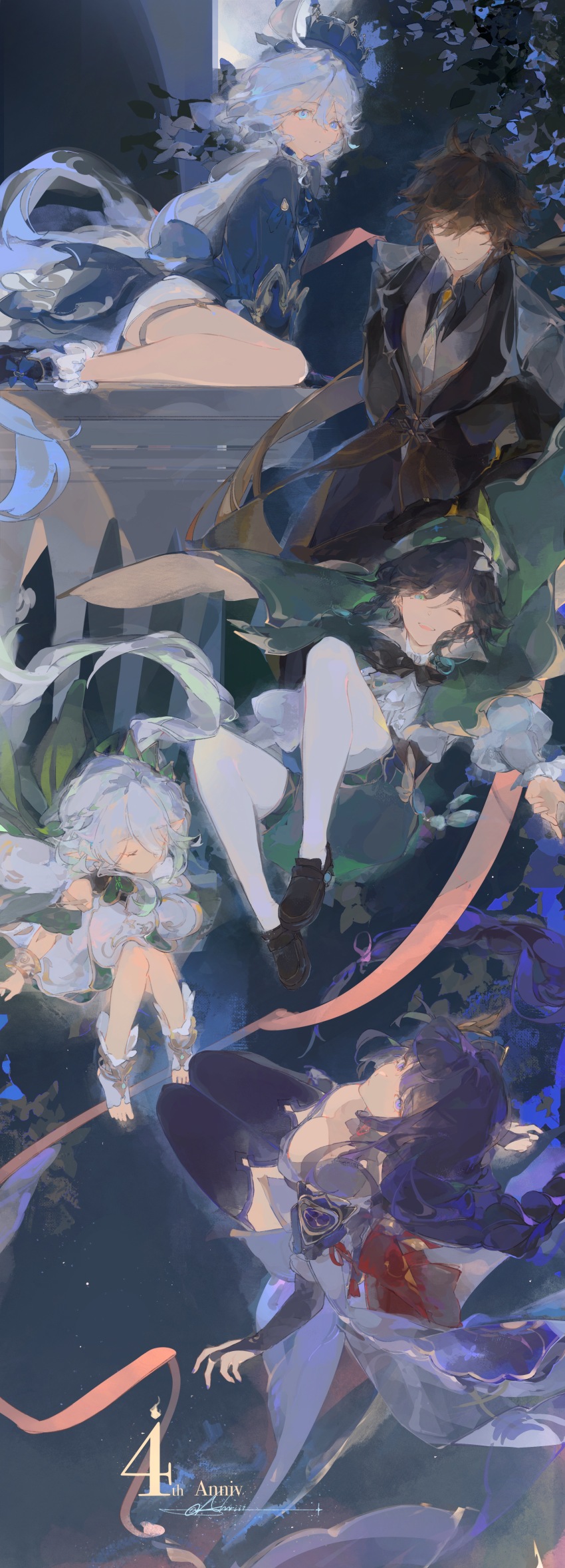 2boys, 3girls, ;d, absurdres, ahriii, anniversary, ascot, black_coat