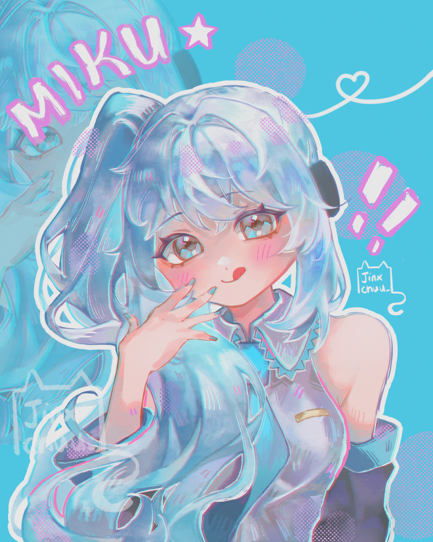 1girl, :q, absurdres, alternate_hairstyle, artist_name, bare_shoulders, black_sleeves, blue_background