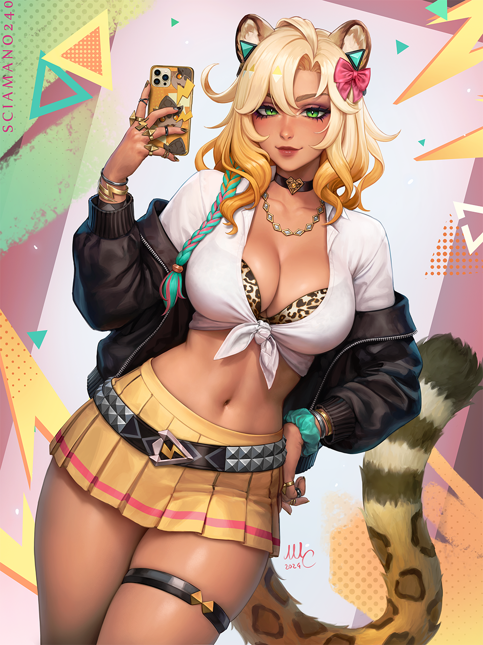 1girl, alternate_costume, animal_ears, belt, ben-day_dots, black_choker, black_jacket, blonde_hair