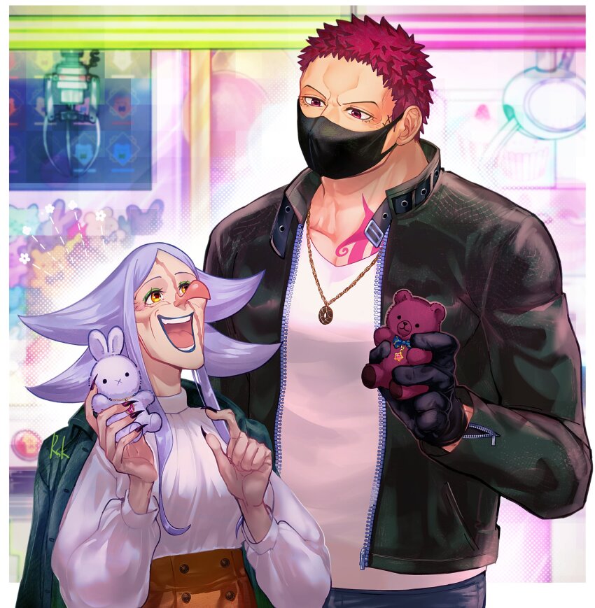 1boy, 1girl, black_gloves, black_jacket, blurry, blurry_background, brother_and_sister, charlotte_brulee