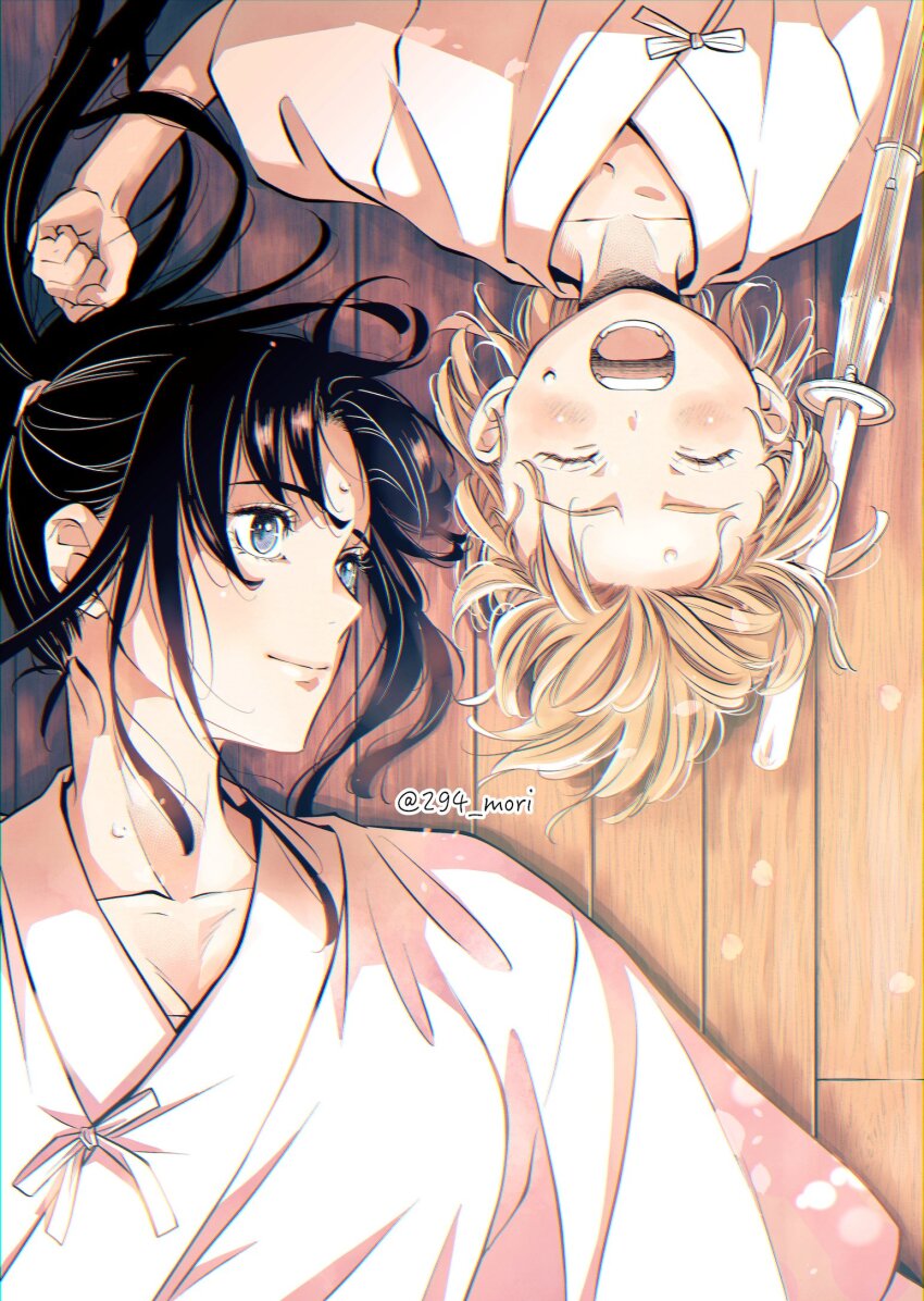 1boy, 1girl, 294_mori, birthday, black_hair, blue_eyes, blush, brown_hair