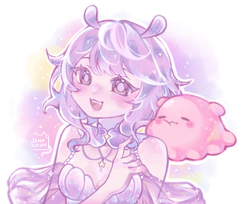 1girl, :3, :d, artist_name, bare_shoulders, blush, breasts, cleavage