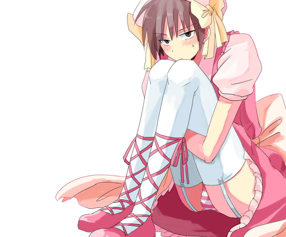 10s, 1boy, aikawa_ayumu, bow, brown_eyes, brown_hair, bulge, crossdressing