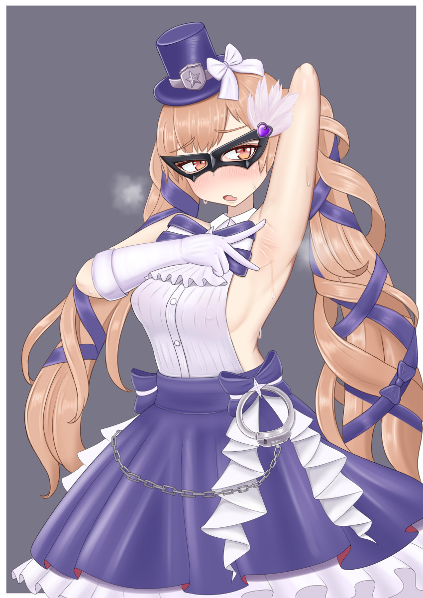 1girl, absurdres, arm_behind_head, arm_up, armpits, arms_up, backless_dress, backless_outfit, blush, breasts, brown_hair, dress, gloves, goddess_of_victory:_nikke, grey_background, hair_ribbon, hat, highres, long_hair, looking_at_viewer, medium_breasts, mini_hat, mini_top_hat, miranda_(nikke), miranda_(thief_of_justice)_(nikke), open_mouth, orange_eyes, pongon, presenting_armpit, purple_dress, purple_hat, purple_ribbon, ribbon, sideboob, smelly_armpits, solo, standing, steaming_body, sweat, top_hat, twintails, white_gloves