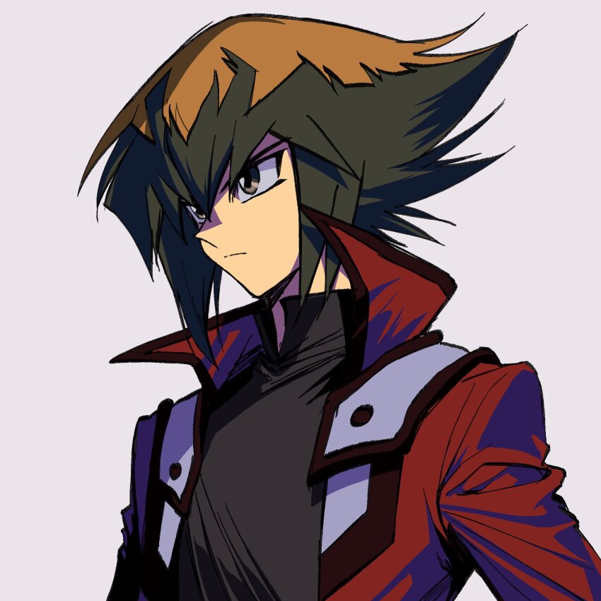 1boy, black_shirt, brown_eyes, brown_hair, closed_mouth, duel_academy_uniform_(yu-gi-oh!_gx), flowercrabcake, hair_between_eyes