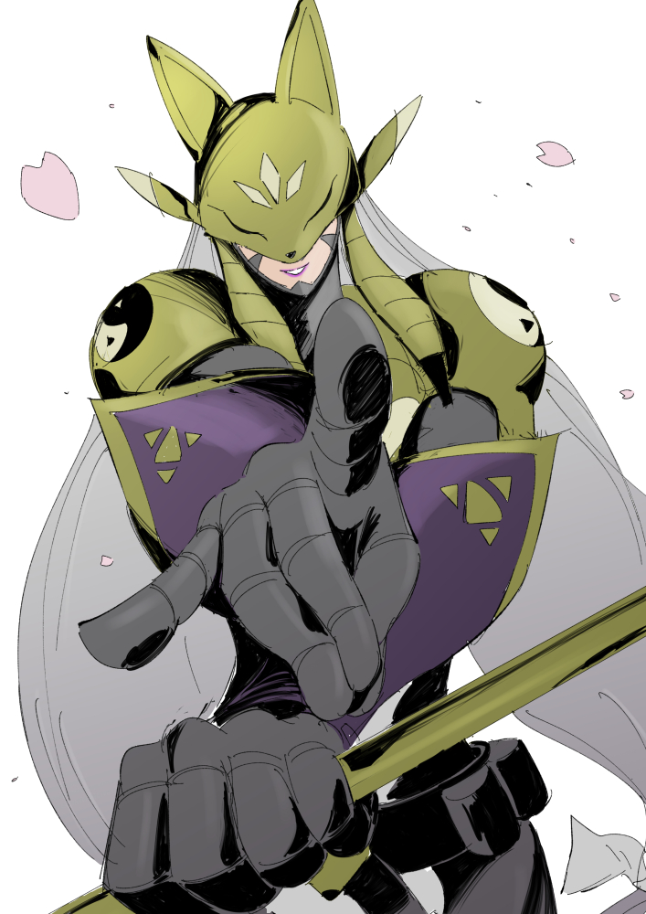 1girl, armor, black_bodysuit, bodysuit, cherry_blossoms, covered_eyes, cowboy_shot, digimon, digimon_(creature), digimon_tamers, fox_mask, fox_shadow_puppet, gold_armor, mask, petals, purple_lips, sakuyamon, simple_background, solo, takeuchi_(rtakeuchi1535), white_background, yin_yang, yin_yang_print
