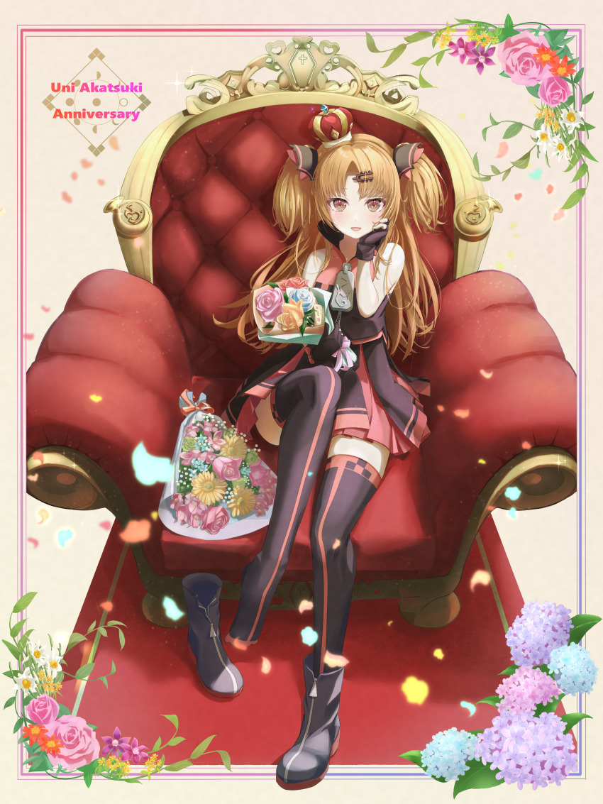 1girl, absurdres, akatsuki_uni, ankle_boots, anniversary, arched_crown, armchair, bare_arms
