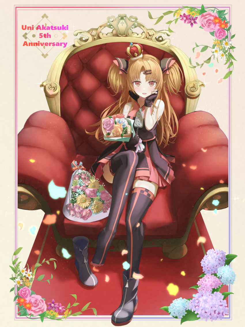 1girl, absurdres, akatsuki_uni, ankle_boots, anniversary, arched_crown, armchair, bare_arms