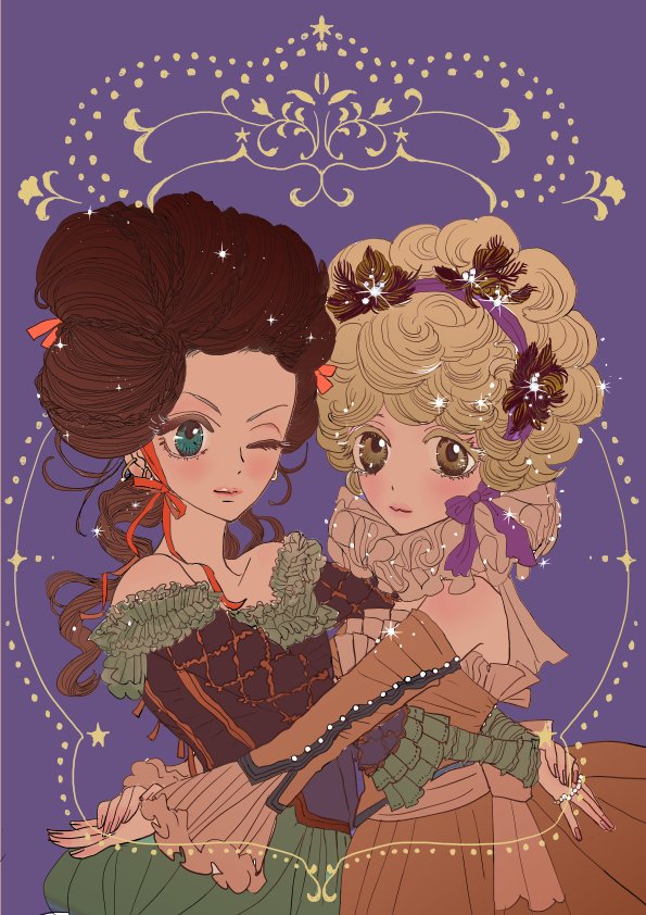 2girls, ;), anno_moyoco, blonde_hair, brown_eyes, brown_hair, chocolat_meilleure, closed_mouth