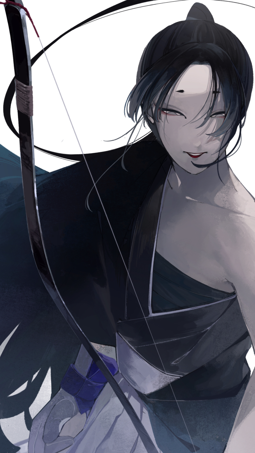 1girl, black_hair, bow_(weapon), commentary, eyeliner, gloves, grey_eyes, highres