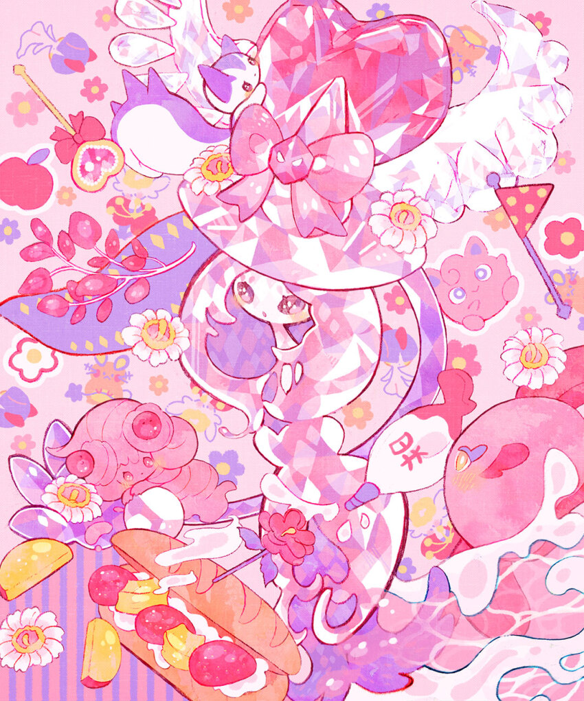 2girls, alcremie, alcremie_(ruby_cream), alcremie_(strawberry_sweet), alomomola, animal, animal_on_head, apple