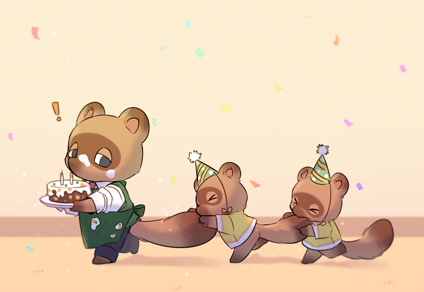 !, >_<, 3boys, age_difference, animal_crossing, animal_ears, apron, birthday