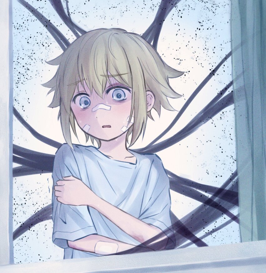 1boy, bandaid, bandaid_on_face, bandaid_on_nose, basil_(faraway)_(omori), basil_(hospital_gown)_(omori), basil_(omori), blonde_hair
