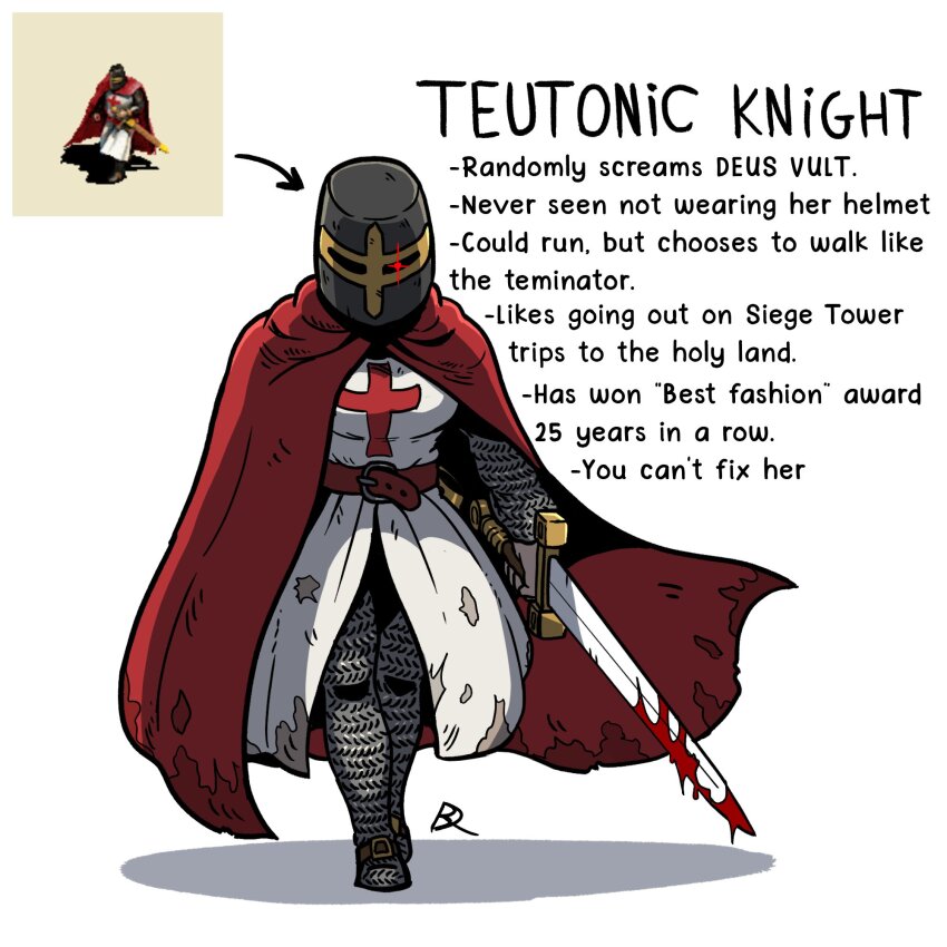 age_of_empires_(series), age_of_empires_ii, armor, belt, blood, bloody_weapon, cape, chainmail, cross, dirty, dirty_clothes, english_text, glowing, glowing_eyes, helmet, highres, holding, kabewski, knight, red_cape, red_cross, sword, teutonic_knight, teutonic_knight_(age_of_empires_ii), weapon, white_background