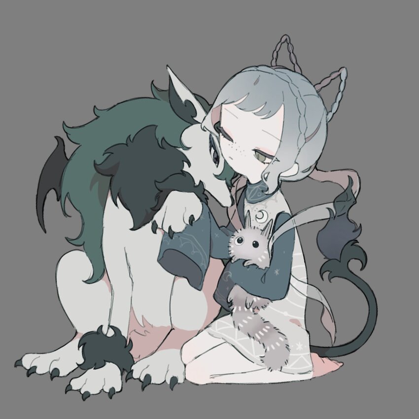 1girl, absurdres, animal, animal_ears, animal_nose, barefoot, bat_wings, black_eyes