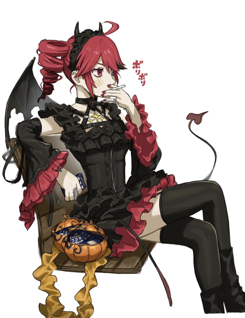 1girl, ahoge, alternate_costume, bare_shoulders, bat_wings, black_boots, black_dress, black_hair, black_sleeves, black_socks, boots, candy, chest_harness, cigarette, crossed_legs, demon_horns, demon_tail, detached_sleeves, double-parted_bangs, dress, drill_hair, fake_tail, fingernails, food, frilled_dress, frilled_hairband, frilled_skirt, frilled_sleeves, frills, hair_between_eyes, hairband, halloween, halloween_bucket, halloween_costume, hand_up, harness, highres, horns, kasane_teto, kasane_teto_(halloween), light_blush, nail_polish, official_alternate_costume, on_bench, pumpkin, red_eyes, red_hair, red_nails, simple_background, sitting, skirt, sleeveless, sleeveless_dress, smoke, smoking, socks, solo, tail, twin_drills, utau, wawasuke, white_background, wings