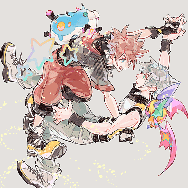 2boys, black_gloves, black_jacket, blue_eyes, brown_hair, chain, chain_necklace, creature