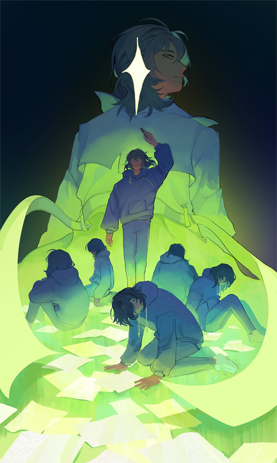 1girl, black_hair, blue_pants, coat, commentary, denim, english_commentary, han_sooyoung, hand_up, hands_on_floor, highres, holding, holding_pen, hood, hoodie, kneeling, long_sleeves, looking_back, looking_down, medium_hair, mole, mole_under_eye, multiple_views, nib_pen_(object), no_eyes, omniscient_reader's_viewpoint, pants, paper, pen, puffy_long_sleeves, puffy_sleeves, purple_hoodie, shoes, sneakers, white_coat, white_footwear, wintrchu