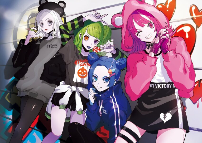 4girls, blue_eyes, blue_hair, blue_sweater, cuddle_team_leader, fingerless_gloves, fireworks_team_leader_(fortnite), fortnite, gloves, green_eyes, green_hair, hat, heterochromia, jewelry, long_hair, looking_at_viewer, multiple_girls, orange_eyes, p.a.n.d.a_team_leader_(fortnite), pink_eyes, pink_hair, puppeteer7777, purple_eyes, shirt, skirt, smile, spooky_team_leader_(fortnite), sweater, white_hair