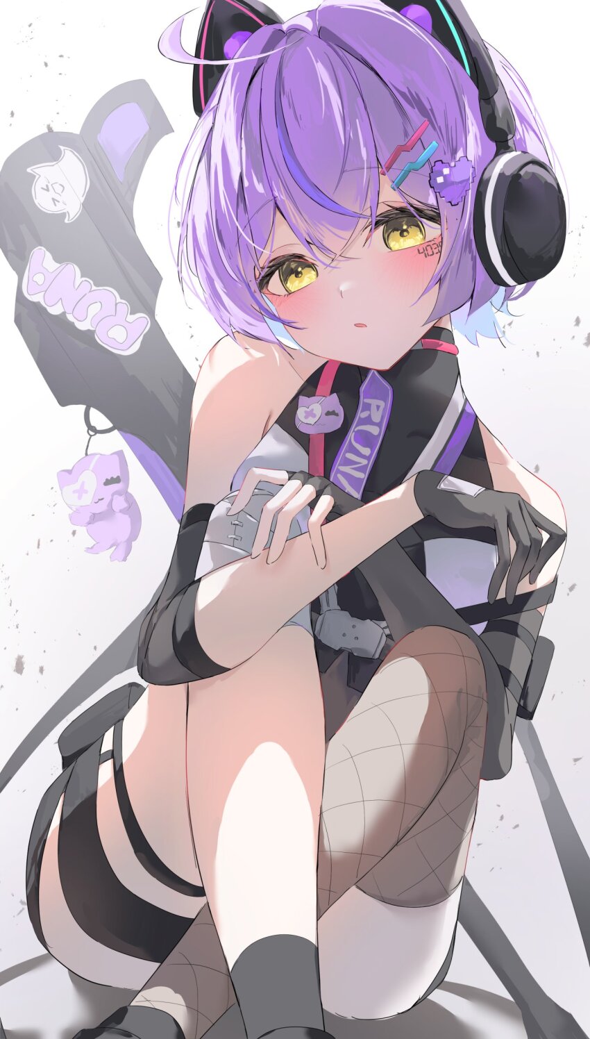 1girl, ahoge, animal_ear_headphones, animal_ears, arm_pouch, asymmetrical_gloves, asymmetrical_legwear, bandaged_knees