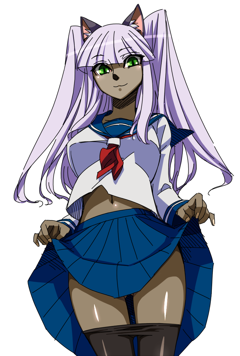 1girl, :3, animal_ears, cat_ears, clothes_lift, clothes_pull, dark-skinned_female, dark_skin