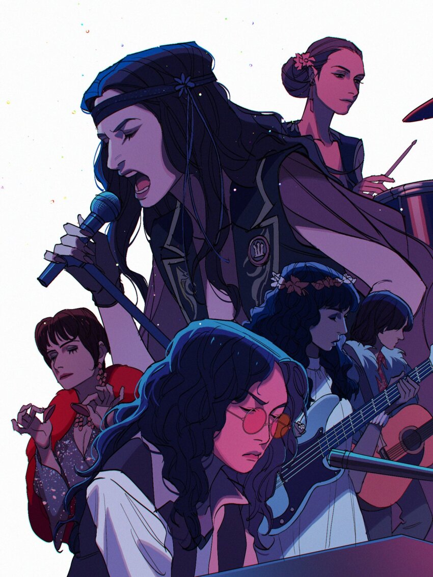 5girls, acoustic_guitar, agatha_harkness, alice_wu-gulliver, black_hair, c0s0m2, dress, drum