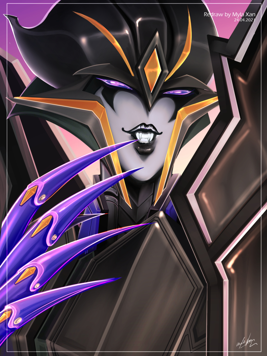 1girl, airachnid, black_lips, fangs, fingernails, helmet, highres, humanoid_robot, myla_xan, purple_eyes, robot, robot_girl, sharp_fingernails, solo, transformers, transformers:_prime, upper_body