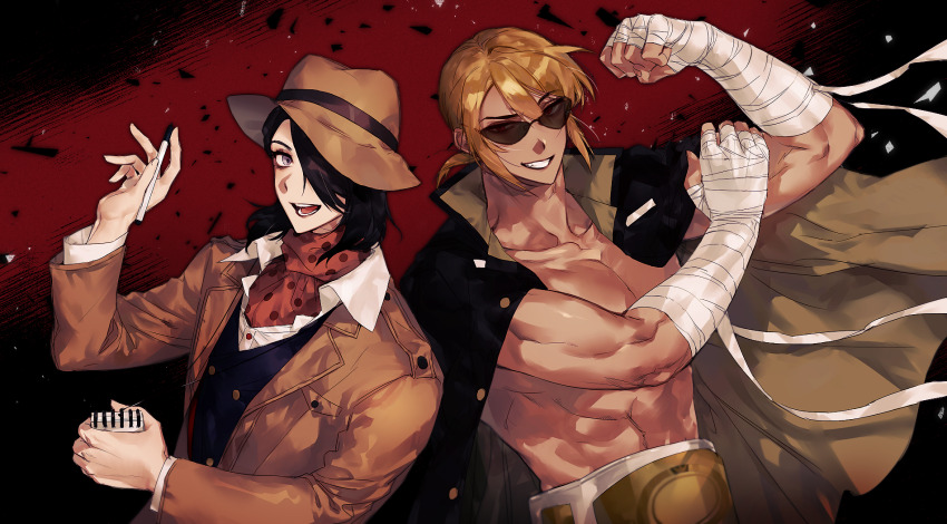 2boys, arm_up, bad_id, bad_pixiv_id, bandaged_arm, bandaged_hand, bandages, belt