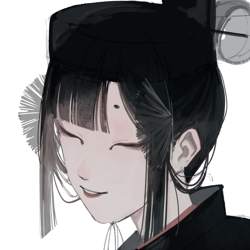 asymmetrical_bangs, black_hair, black_hat, closed_eyes, commentary, commentary_request, eyeliner, greyscale