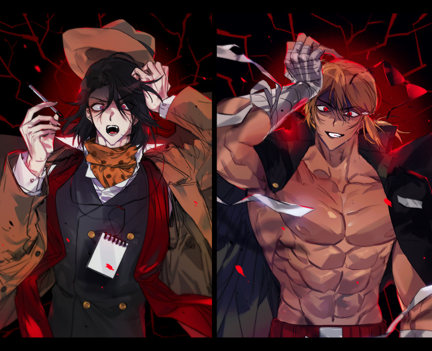 2boys, arm_up, bad_id, bad_pixiv_id, bandaged_hand, bandages, bare_pectorals, black_hair