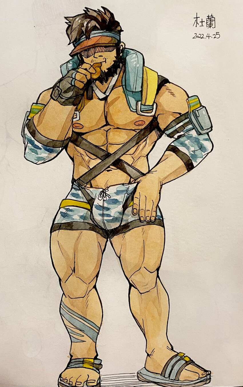 1boy, abs, alternate_costume, artist_name, bara, beard, bulge, daco_choco