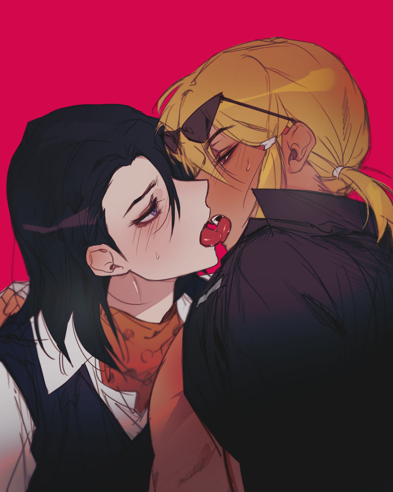 2boys, bad_id, bad_pixiv_id, bandaged_hand, bandages, black_hair, black_vest, blonde_hair, blush, collared_shirt, danganronpa_another, eye_contact, eyewear_on_head, french_kiss, hand_on_another's_back, jacket, jacket_on_shoulders, kiss, looking_at_another, makunouchi_hajime, male_focus, medium_hair, multiple_boys, open_mouth, pink_background, purple_eyes, scarf, shirt, simple_background, sunglasses, super_danganronpa_another_2, sweat, techa_(pixiv7164124), teeth, upper_body, vest, white_shirt, yaoi, yomiuri_nikei