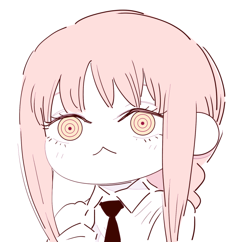 1girl, :<, black_necktie, braid, braided_ponytail, business_suit, chainsaw_man, chibi, collared_shirt, commentary_request, deer60868637, formal_clothes, long_hair, looking_at_viewer, makima_(chainsaw_man), medium_hair, necktie, red_hair, ringed_eyes, shirt, shirt_tucked_in, sidelocks, simple_background, solo, suit, upper_body, white_shirt