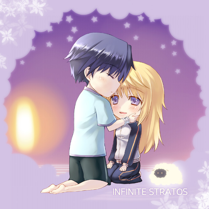 10s, 1boy, 1girl, aisagi, blonde_hair, blue_hair, charlotte_dunois, chibi, closed_eyes, infinite_stratos, long_hair, orimura_ichika, short_hair, smile, track_suit