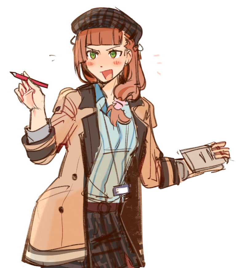1girl, belt, beret, black_hat, blue_shirt, blunt_bangs, blush_stickers, breasts, brown_belt, brown_coat, brown_hair, coat, commentary, cowboy_shot, eiyuu_densetsu, english_commentary, green_eyes, hair_over_shoulder, hat, holding, holding_notepad, holding_pencil, kuro_no_kiseki_(series), lanyard, leorlontyan, marielle_ayme, medium_hair, notepad, open_clothes, open_coat, open_mouth, pencil, pink_scrunchie, plaid_clothes, plaid_hat, plaid_skirt, scrunchie, shirt, simple_background, sketch, skirt, small_breasts, smile, solo, standing, striped_clothes, striped_shirt, v-shaped_eyebrows, vertical-striped_clothes, vertical-striped_shirt, white_background