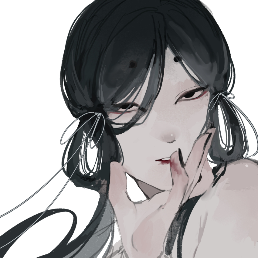 1girl, bare_shoulders, black_hair, black_nails, commentary, commentary_request, eyeliner, hair_rings, highres, lipstick, long_hair, makeup, original, shimizu_en_(shimizuen3310), short_eyebrows, short_hair, simple_background, smeared_lipstick, solo, string, white_background