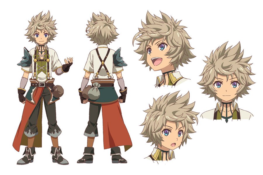 1boy, belt, black_footwear, black_pants, blue_eyes, fingerless_gloves, gloves, grey_hair, grimms_notes, grimms_notes_the_animation, jack_(grimms_notes), kawashima_hisashi, male_focus, multiple_views, official_art, open_mouth, pants, smile, spiked_hair, teeth, upper_teeth_only