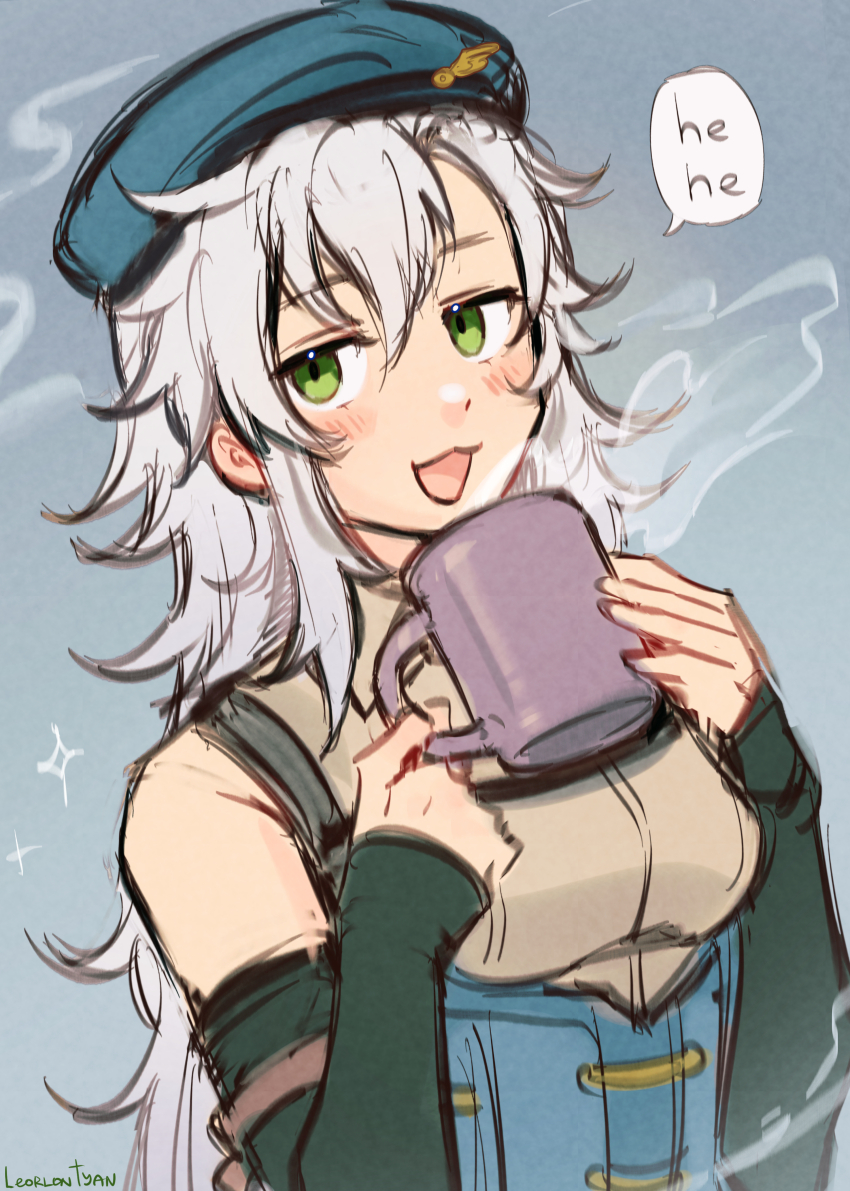 1girl, absurdres, artist_name, beret, blue_hat, blue_vest, blush, blush_stickers, breasts, brown_shirt, collared_shirt, commentary, cup, detached_sleeves, eiyuu_densetsu, english_commentary, english_text, fie_claussell, green_eyes, grey_background, hair_between_eyes, hat, highres, holding, holding_cup, jitome, kuro_no_kiseki_(series), leorlontyan, long_hair, looking_at_viewer, medium_breasts, open_mouth, sen_no_kiseki_(series), shirt, signature, simple_background, sleeveless, sleeveless_shirt, smile, smug, solo, sparkle, speech_bubble, steam, upper_body, vest, white_hair, wing_collar