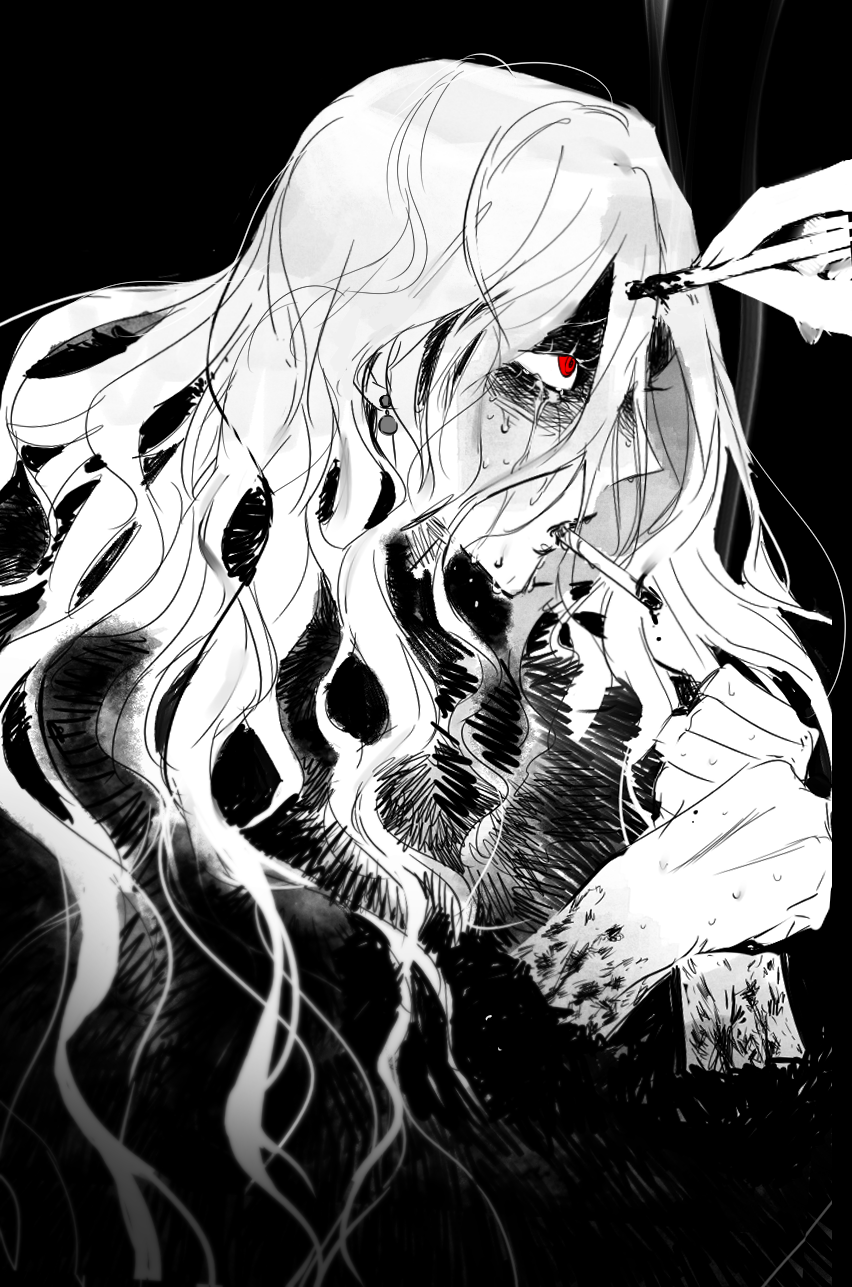 1girl, abuse, bad_id, bad_pixiv_id, cigarette, cigarette_burn, coat, crying, crying_with_eyes_open, danganronpa_another, earrings, eyelashes, fur_coat, greyscale, highres, holding, holding_cigarette, jewelry, long_hair, looking_up, magorobi_emma, monochrome, partially_shaded_face, red_eyes, smoke, smoke_trail, spot_color, super_danganronpa_another_2, sweat, tears, techa_(pixiv7164124), upper_body, wavy_hair