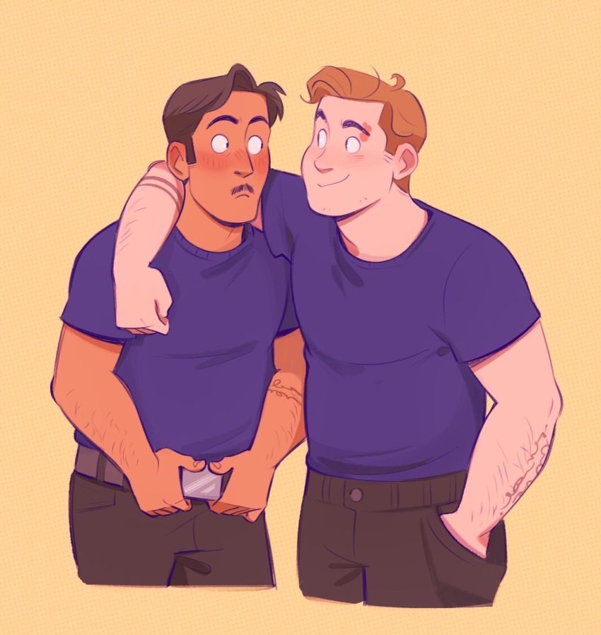 2boys, 911_(tv_series), arm_around_neck, arm_hair, arm_tattoo, blush, brown_hair, burn_scar