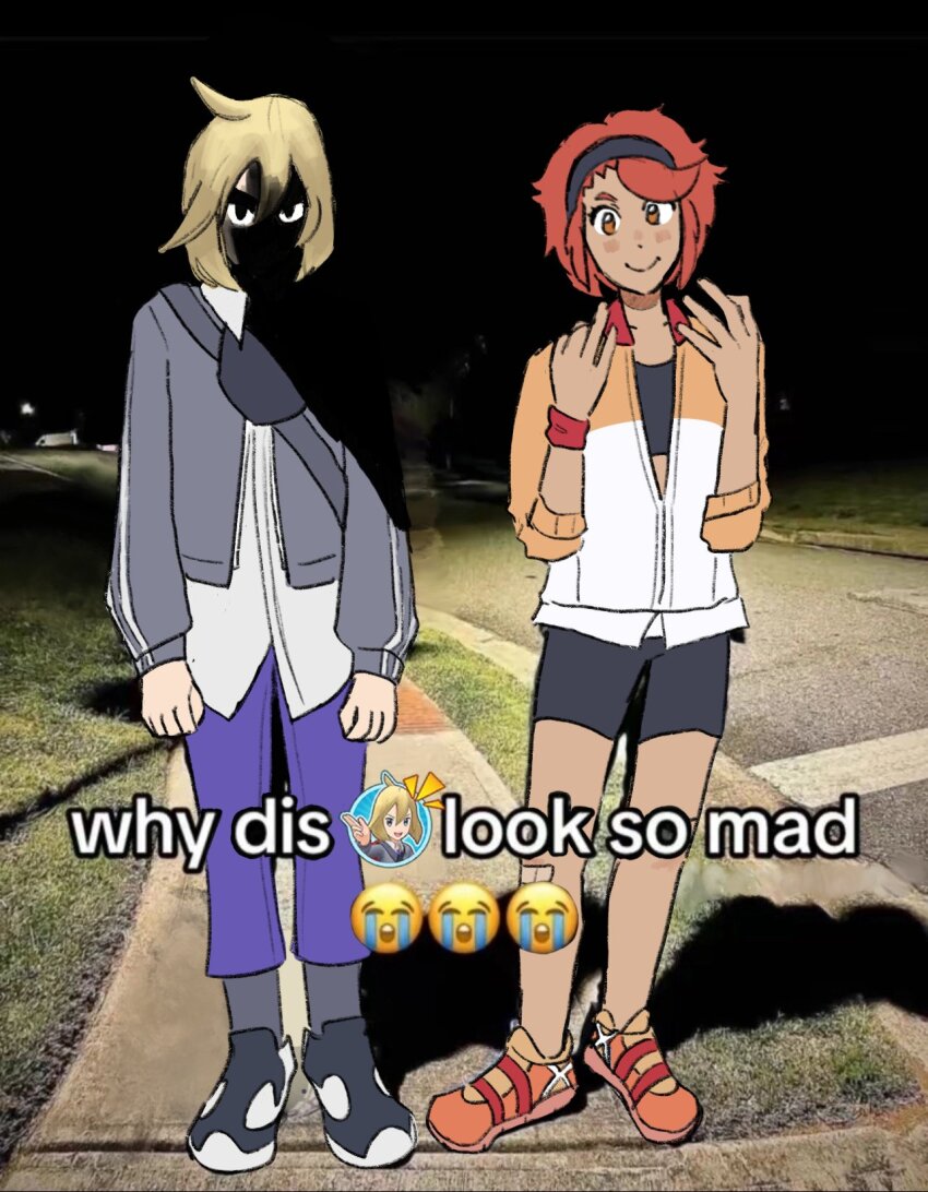1boy, 1girl, ahoge, bandaid, bandaid_on_leg, bike_shorts, black_footwear, blonde_hair, crying_emoji, emoji, full_body, highres, looking_at_viewer, marcy_(offthem00n), meme, nintendo, orange_eyes, orange_shoes, paulo_(pokemon), photo-referenced, pokemon, pokemon_masters_ex, red_hair, shaded_face, shoes, sidewalk, standing, tina_(pokemon), why_dis_ninja_look_so_mad_(meme), wristband