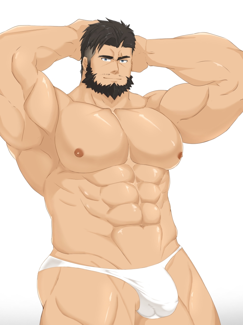 1boy, abs, absurdres, armpits, arms_behind_head, bara, beard, biceps