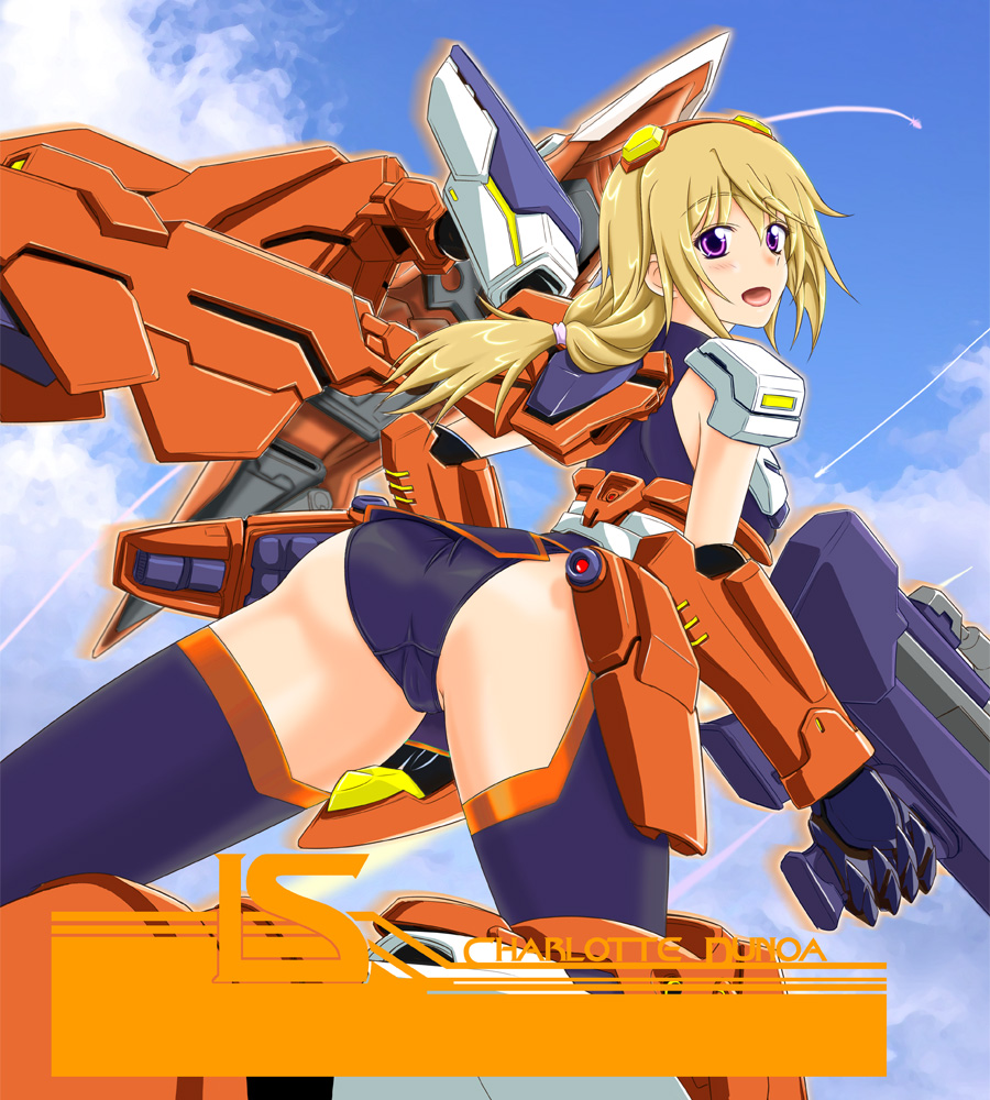 10s, 1girl, ass, blonde_hair, bodysuit, cameltoe, charlotte_dunois, cloud