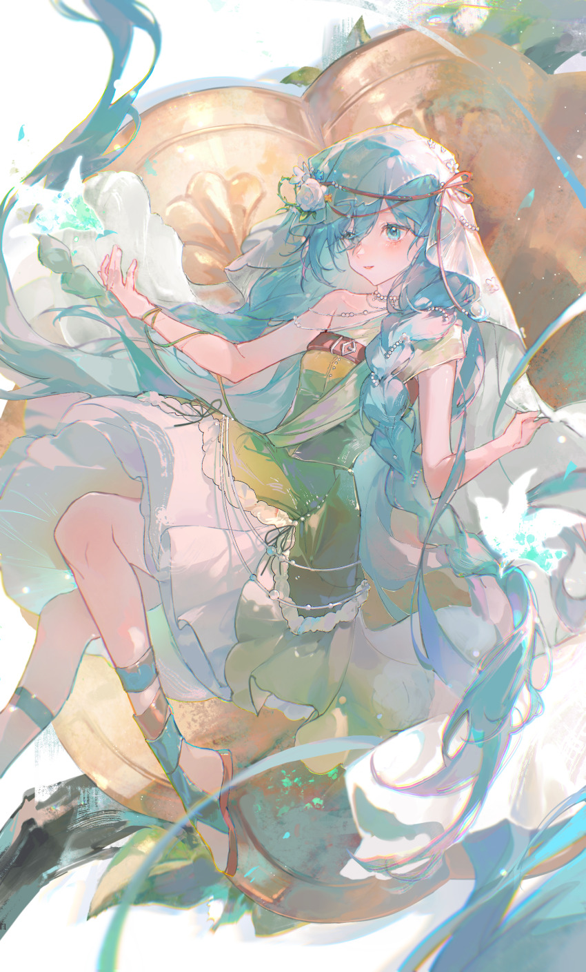 1girl, 37_(happy_bird_catcher)_(reverse:1999), 37_(reverse:1999), :d, absurdres, anklet, bare_shoulders, blue_eyes, blue_hair, braid, dress, floating, floating_hair, flower, foot_out_of_frame, green_dress, hair_between_eyes, hair_flower, hair_ornament, hands_up, highres, jewelry, knee_up, layered_dress, linghuizi, long_hair, medium_dress, official_alternate_costume, open_mouth, parted_lips, reverse:1999, sandals, smile, solo, strapless, strapless_dress, veil, very_long_hair, white_background, white_flower, white_veil