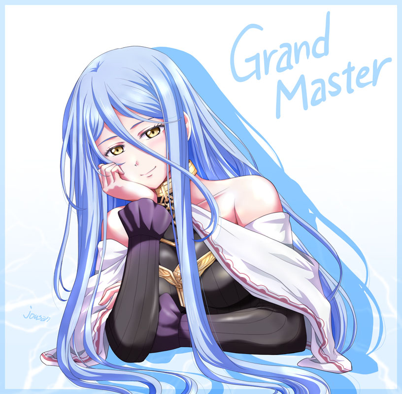 1girl, artist_name, bare_shoulders, blue_border, blue_hair, border, eiyuu_densetsu, english_text