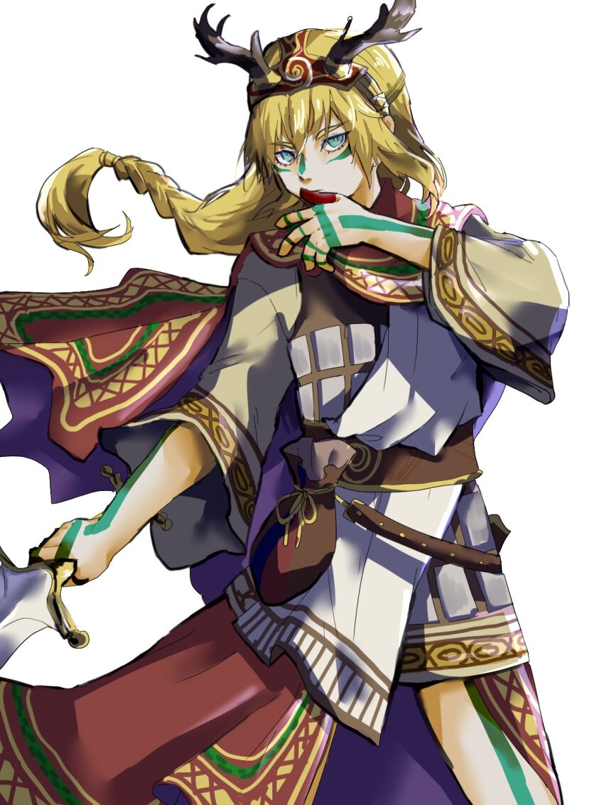 1boy, 4me3ba_niku, antlers, belt, belt_pouch, blonde_hair, blue_eyes, bodypaint